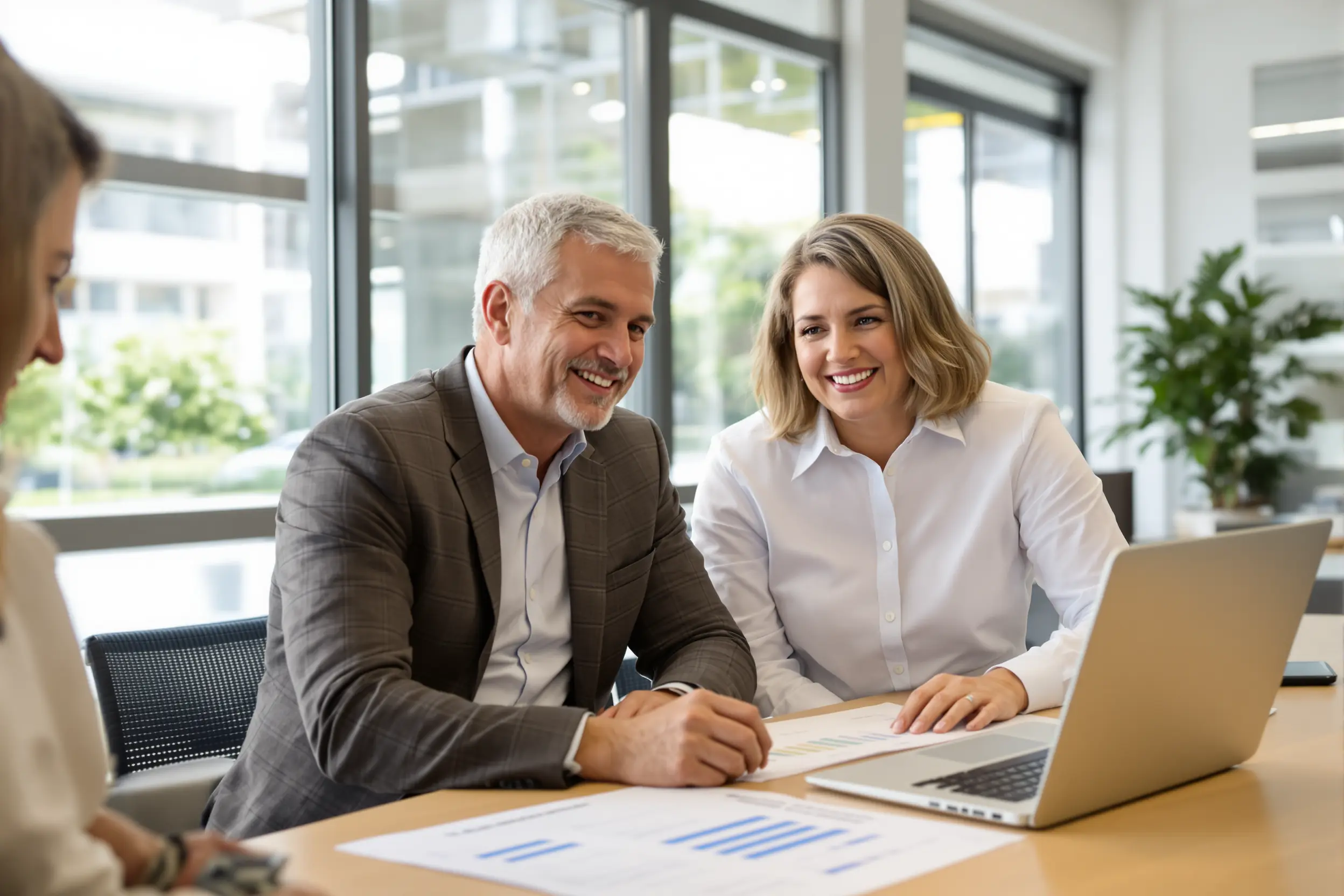 Couple consultant un conseiller pour renégociation de crédit immobilier