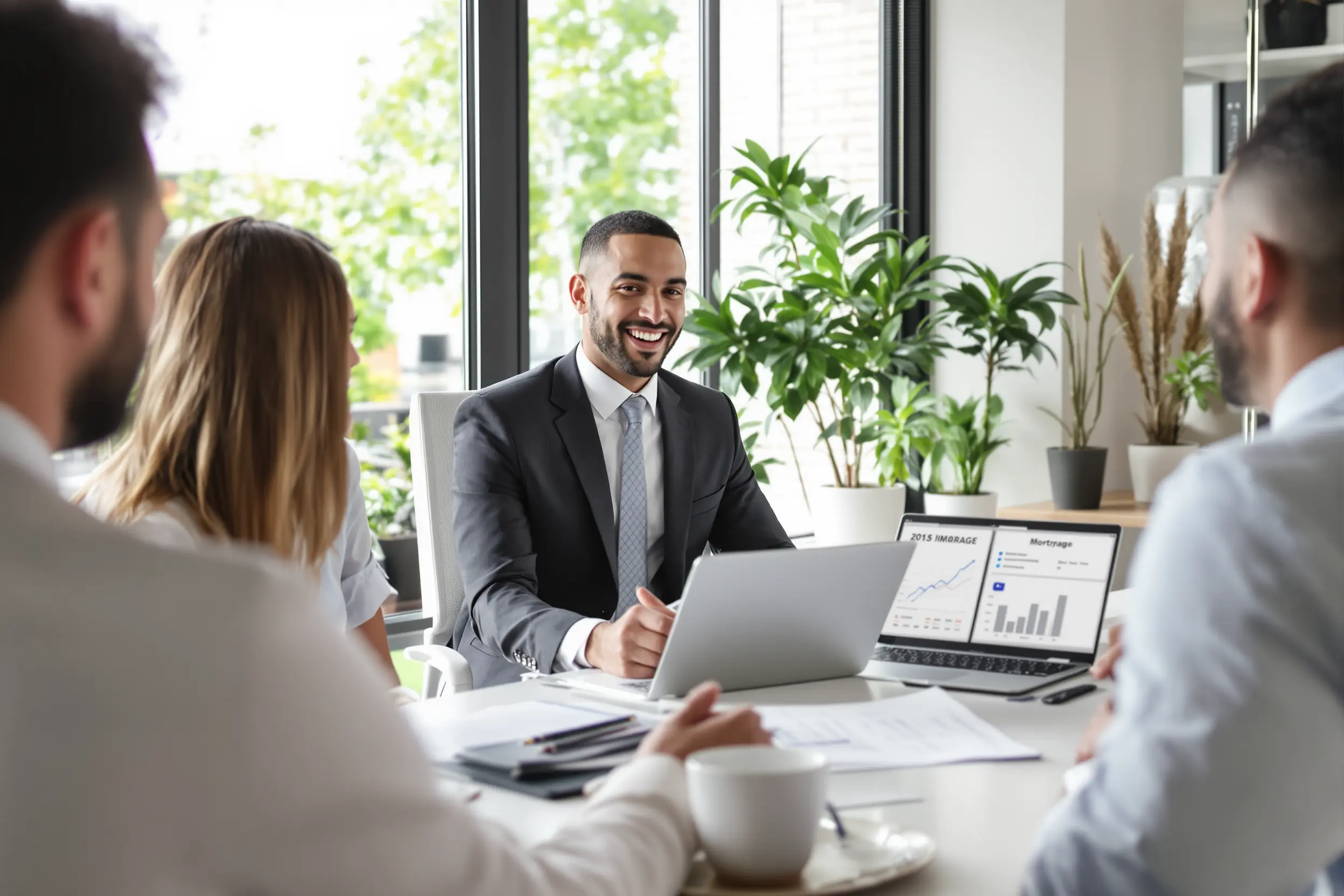 Conseiller en gestion de patrimoine analysant un dossier de crédit immobilier avec des clients