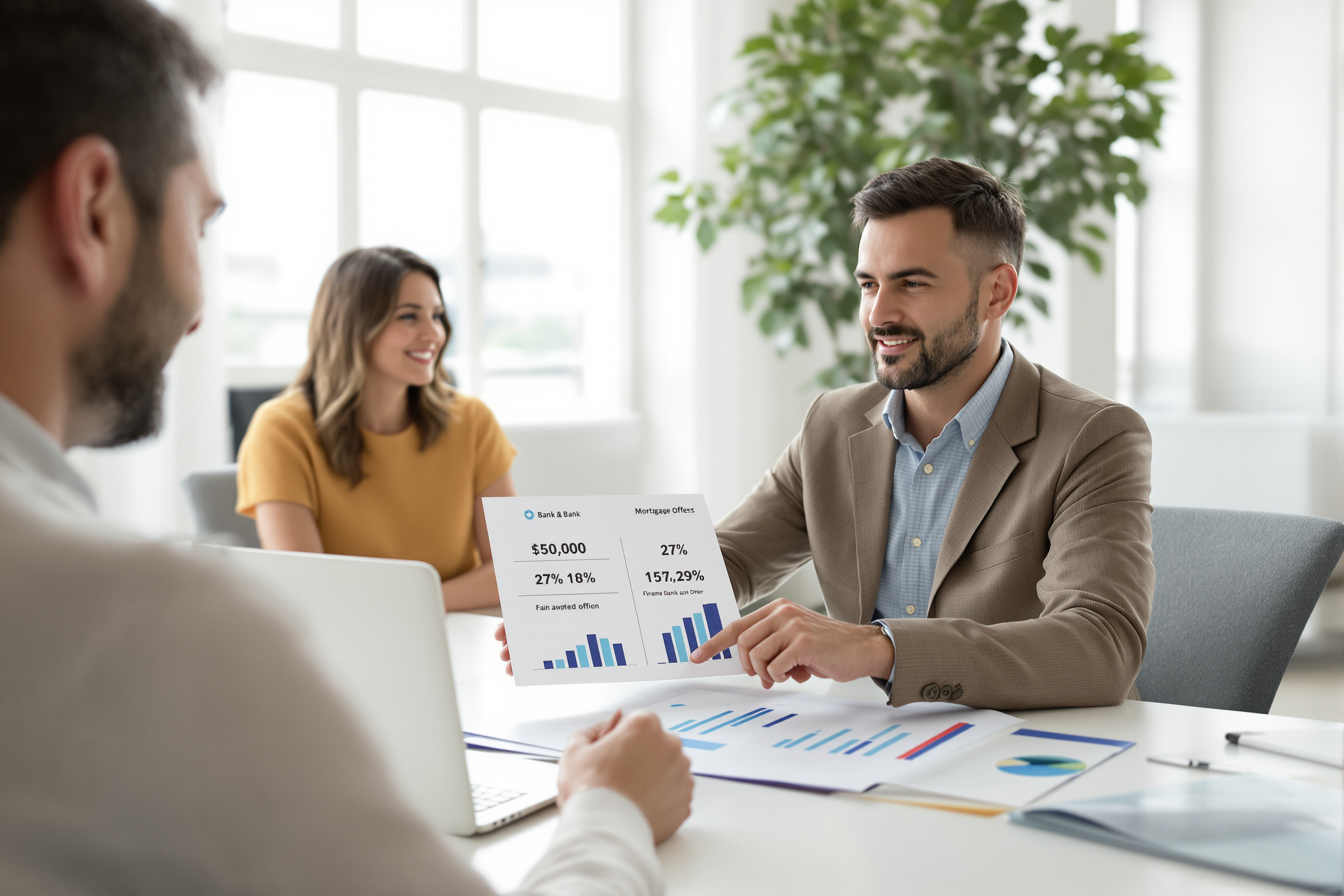 Courtier immobilier analysant des offres de crédit avec des clients