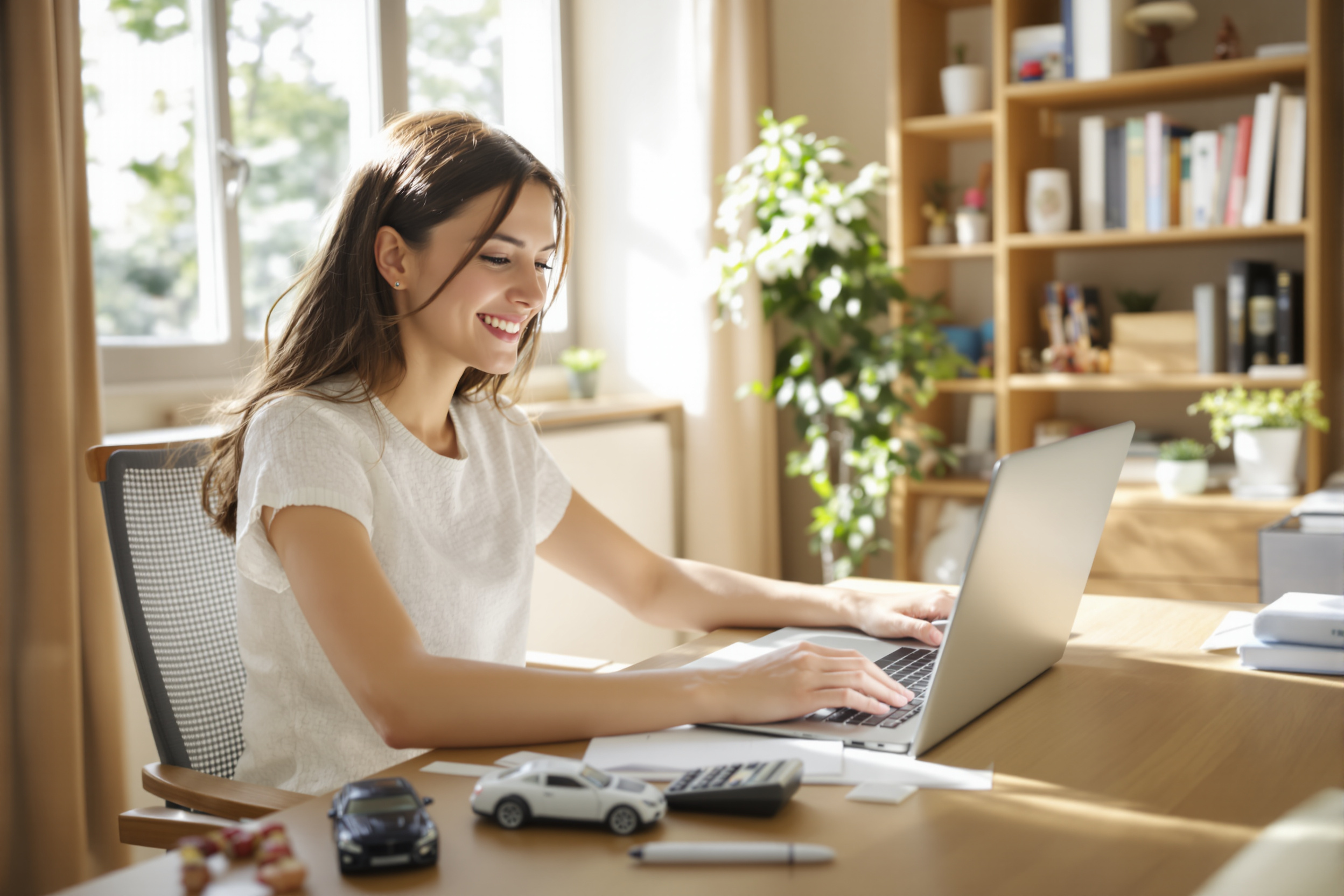 Jeune femme comparant un crédit auto en ligne