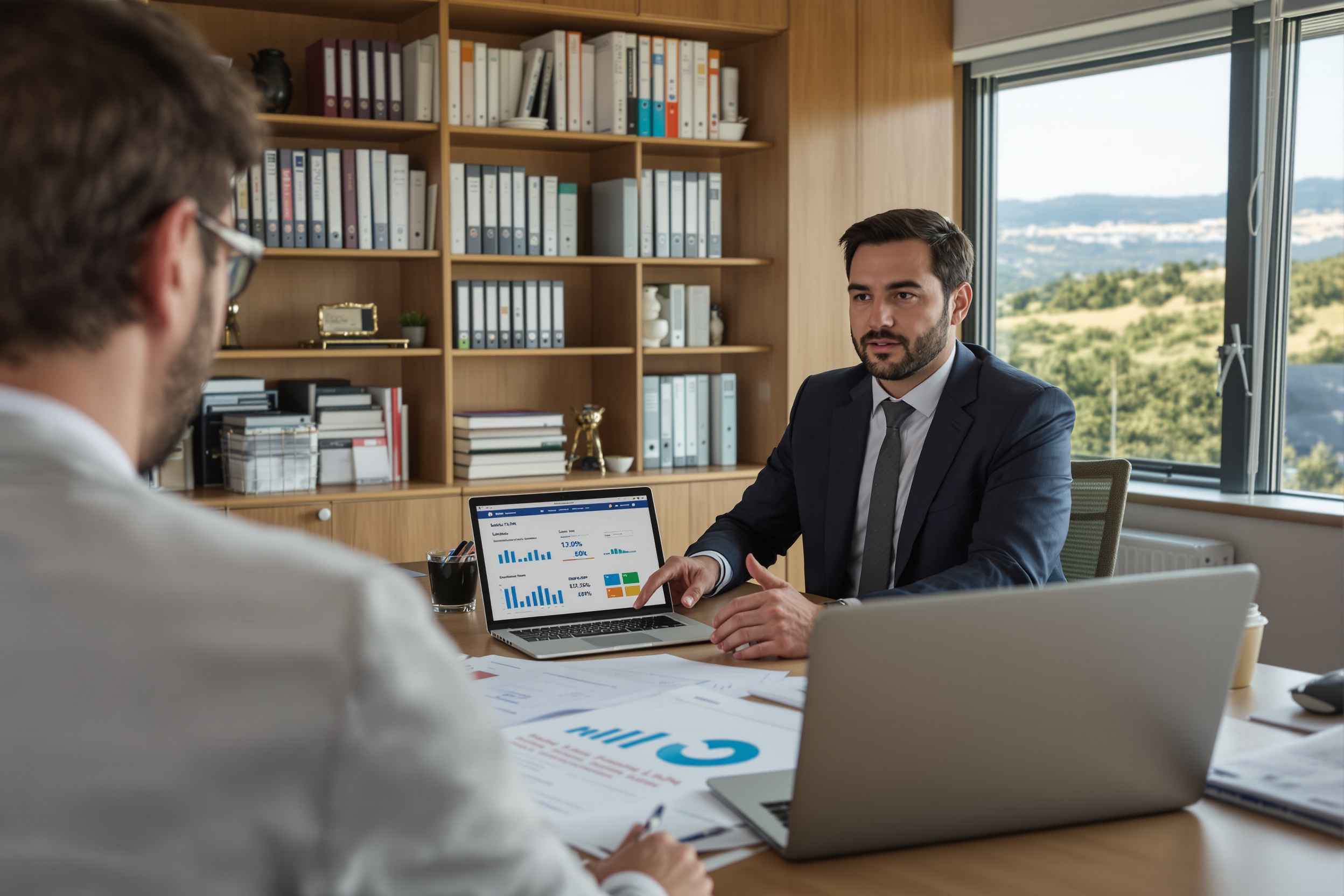 Conseiller en gestion de patrimoine accompagnant un entrepreneur pour son prêt professionnel