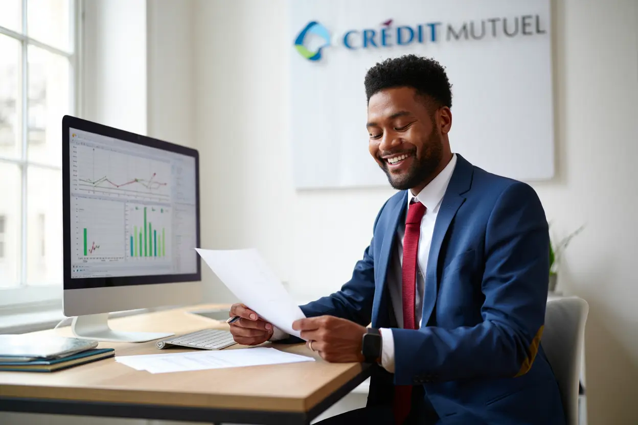 Conseiller bancaire Crédit Mutuel examinant un dossier de prêt