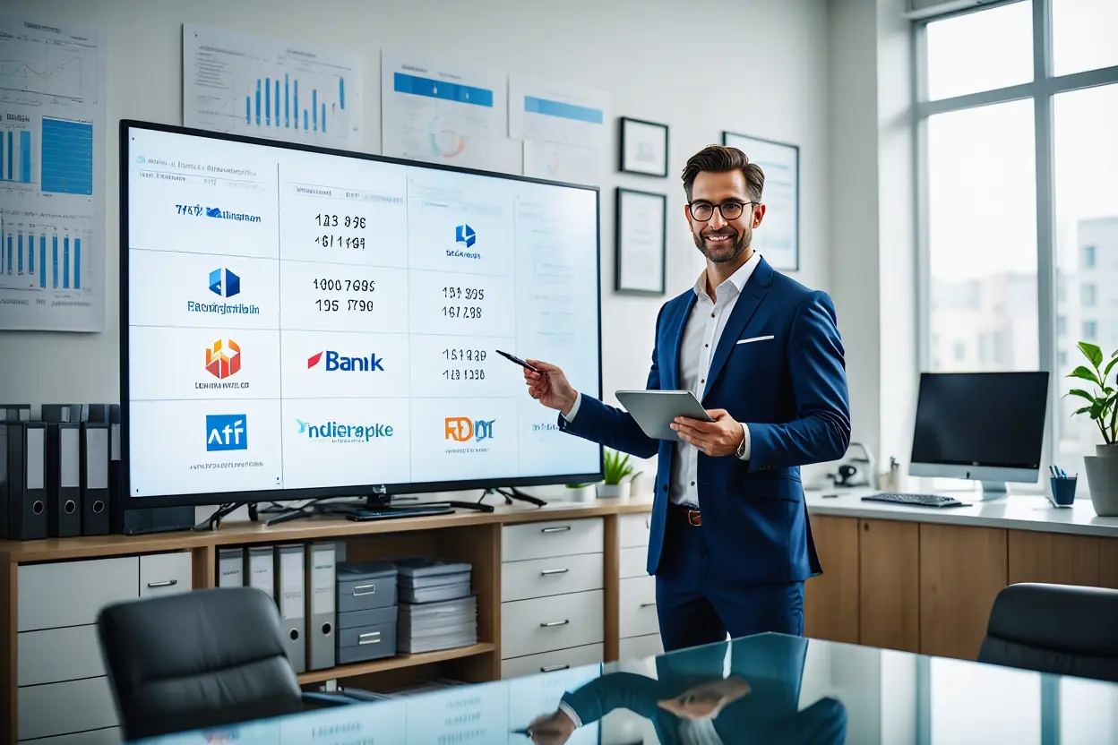 Courtier en prêt immobilier analysant un dossier avec des clients