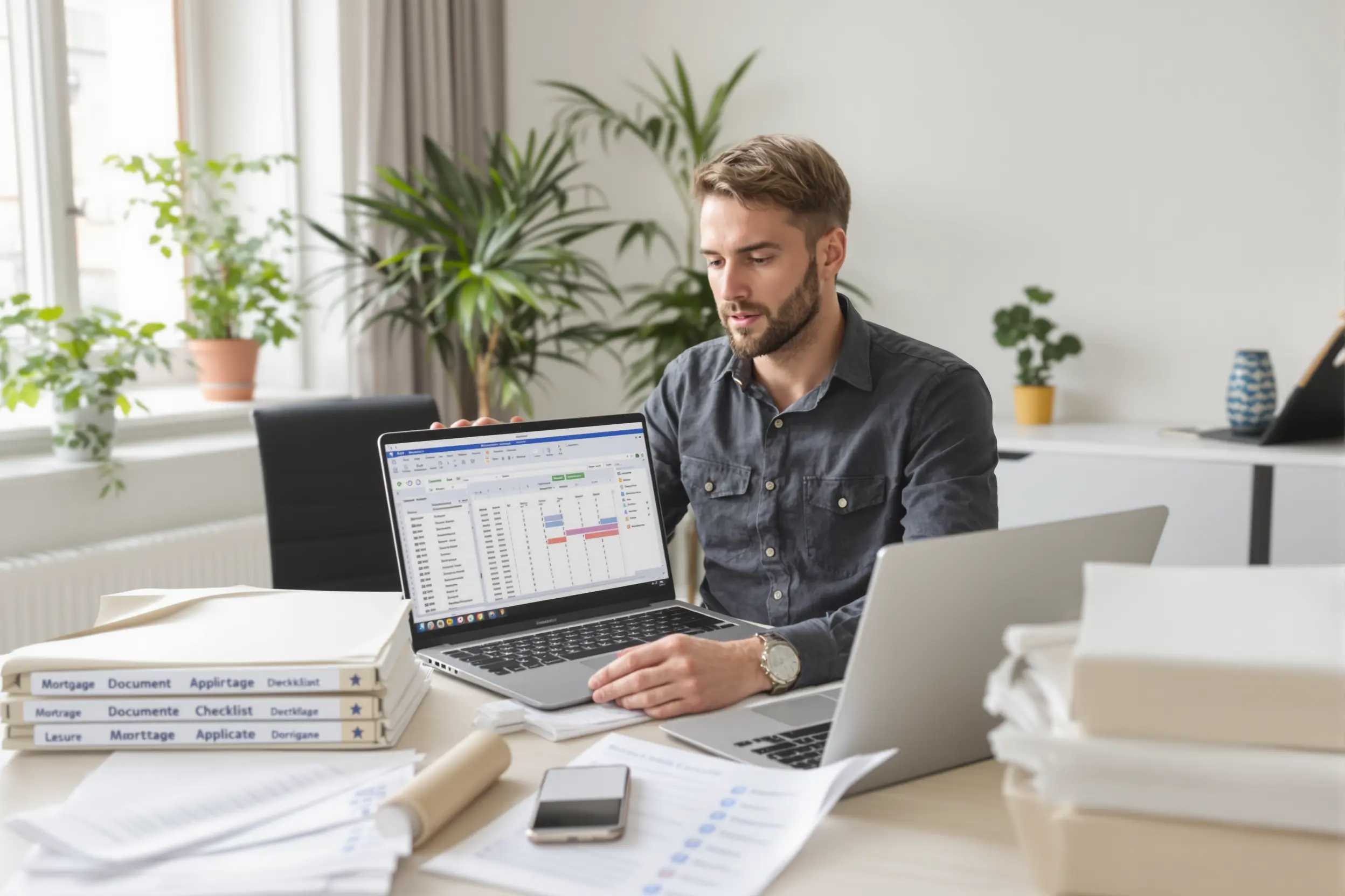 Courtier en prêt immobilier analysant les justificatifs de revenus et documents du projet