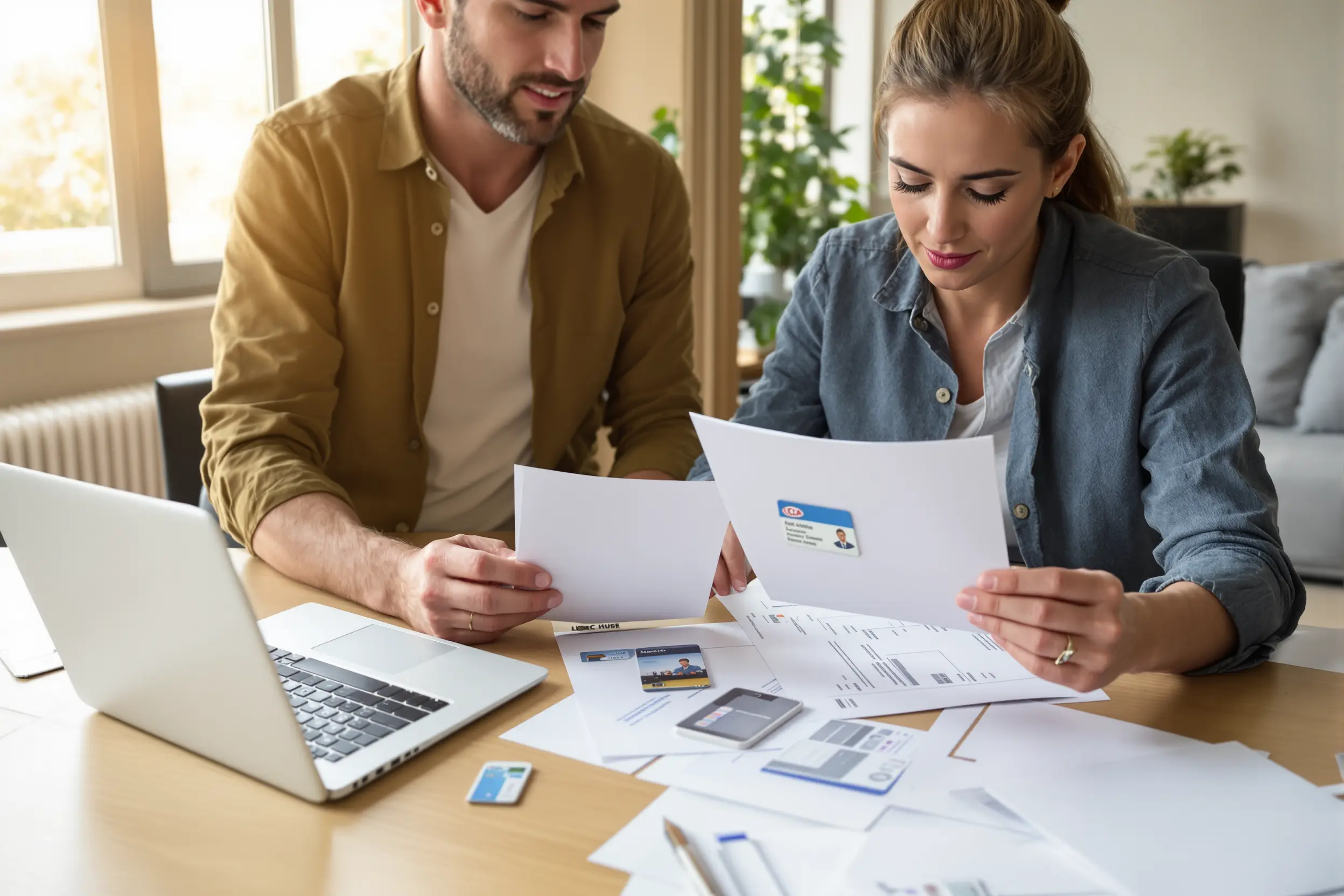 Emprunteur organisant ses documents de prêt immobilier de manière structurée