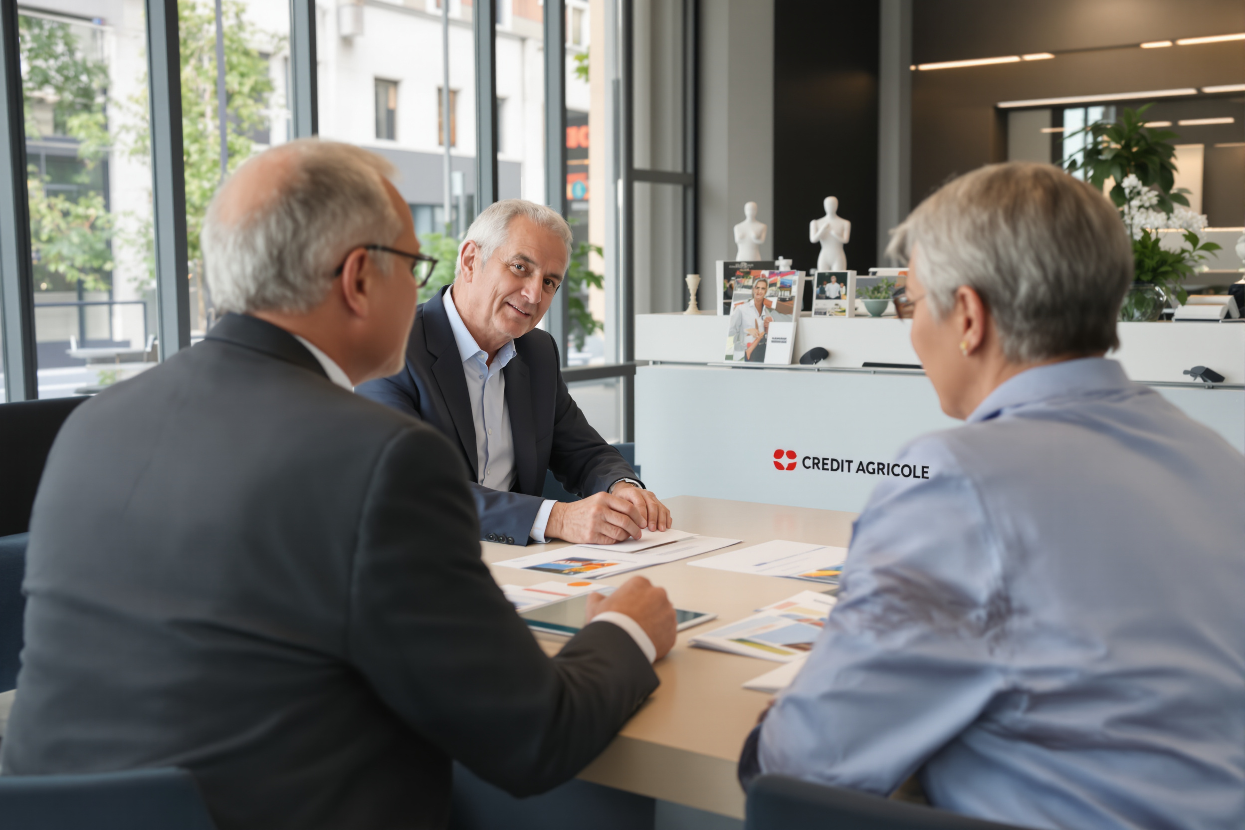 Couple de seniors rencontrant un conseiller Crédit Agricole pour un prêt relais