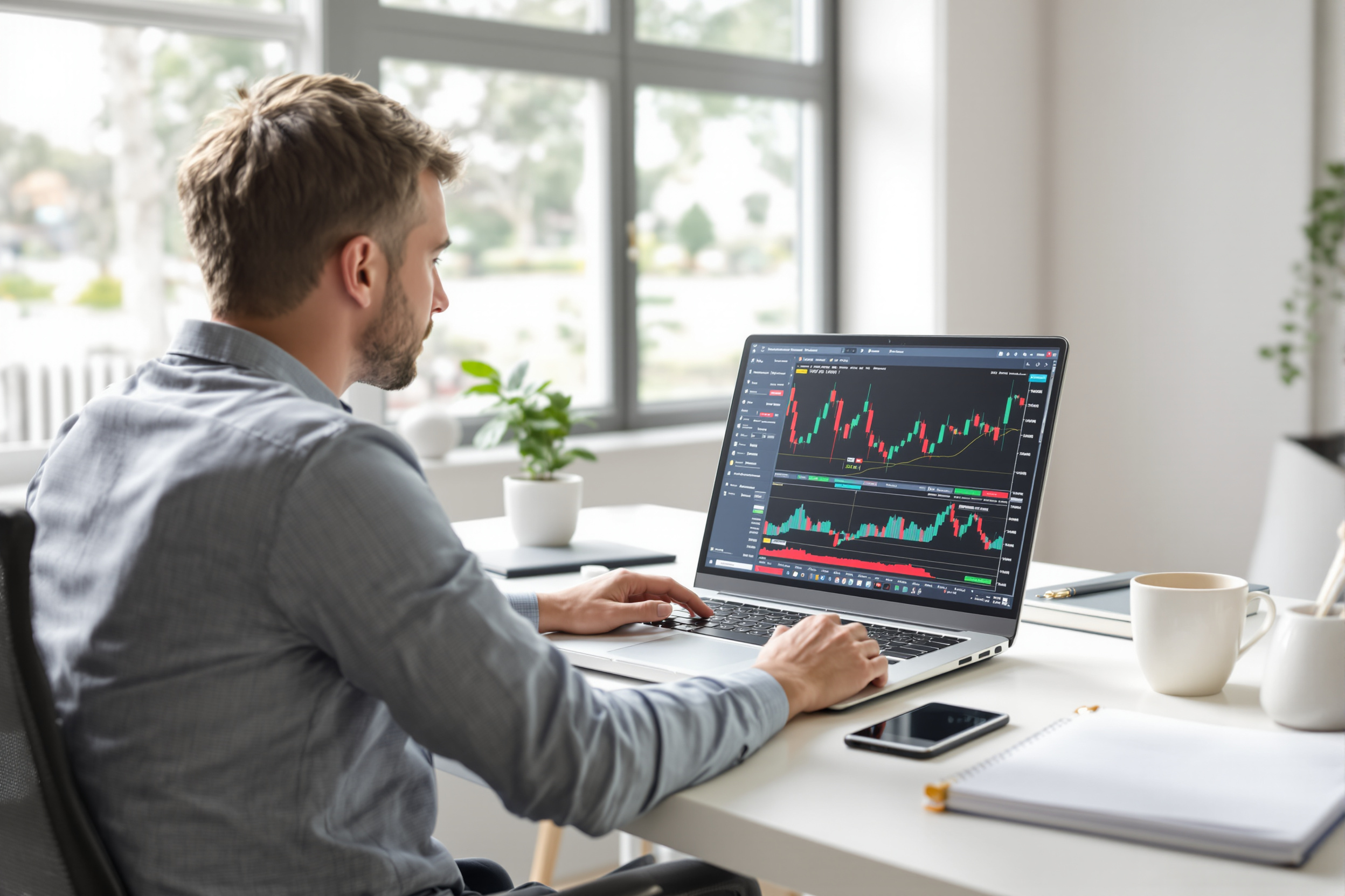 Investisseur comparant des courtiers en bourse sur son ordinateur