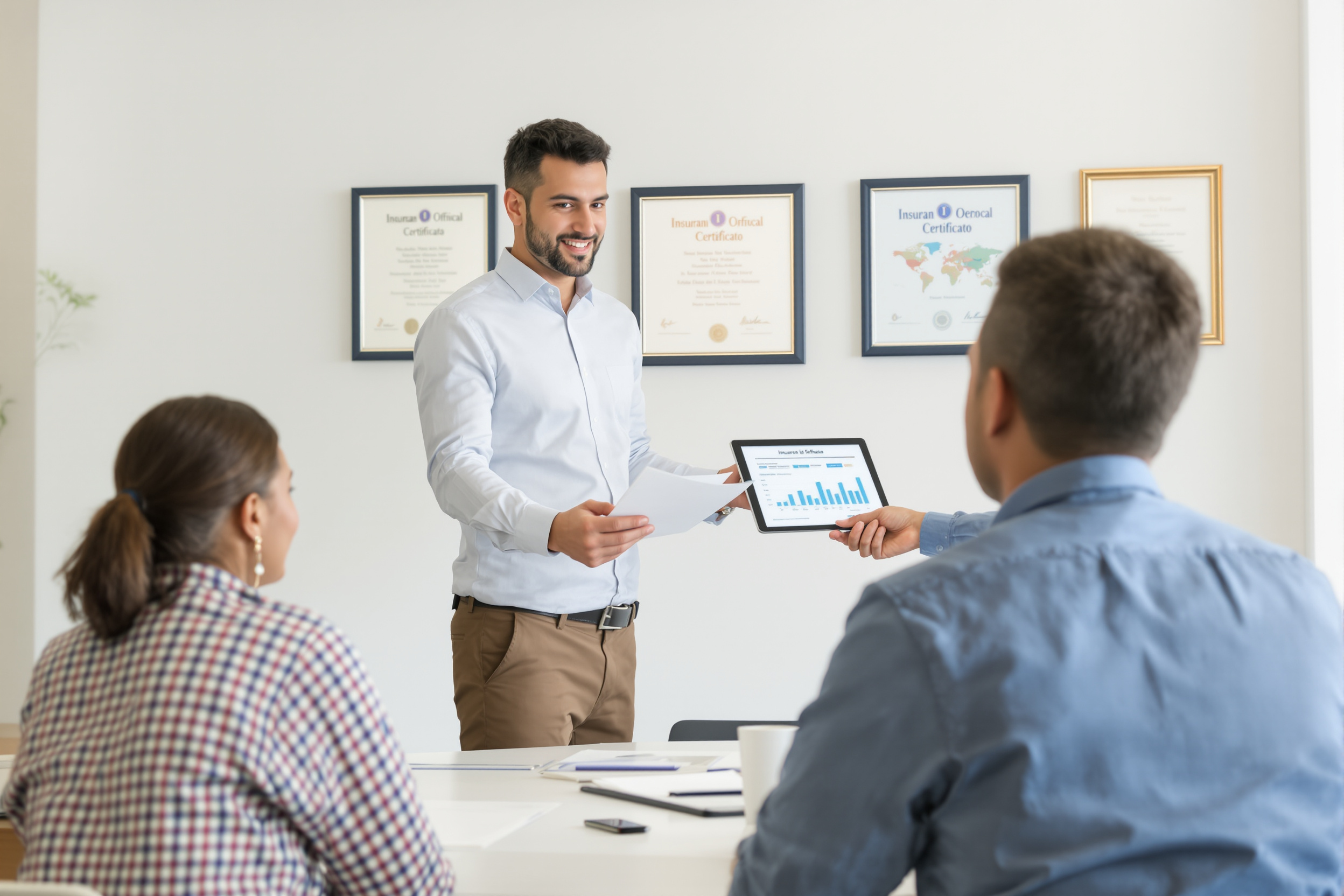Conseiller courtier présentant des options d'assurance à des clients