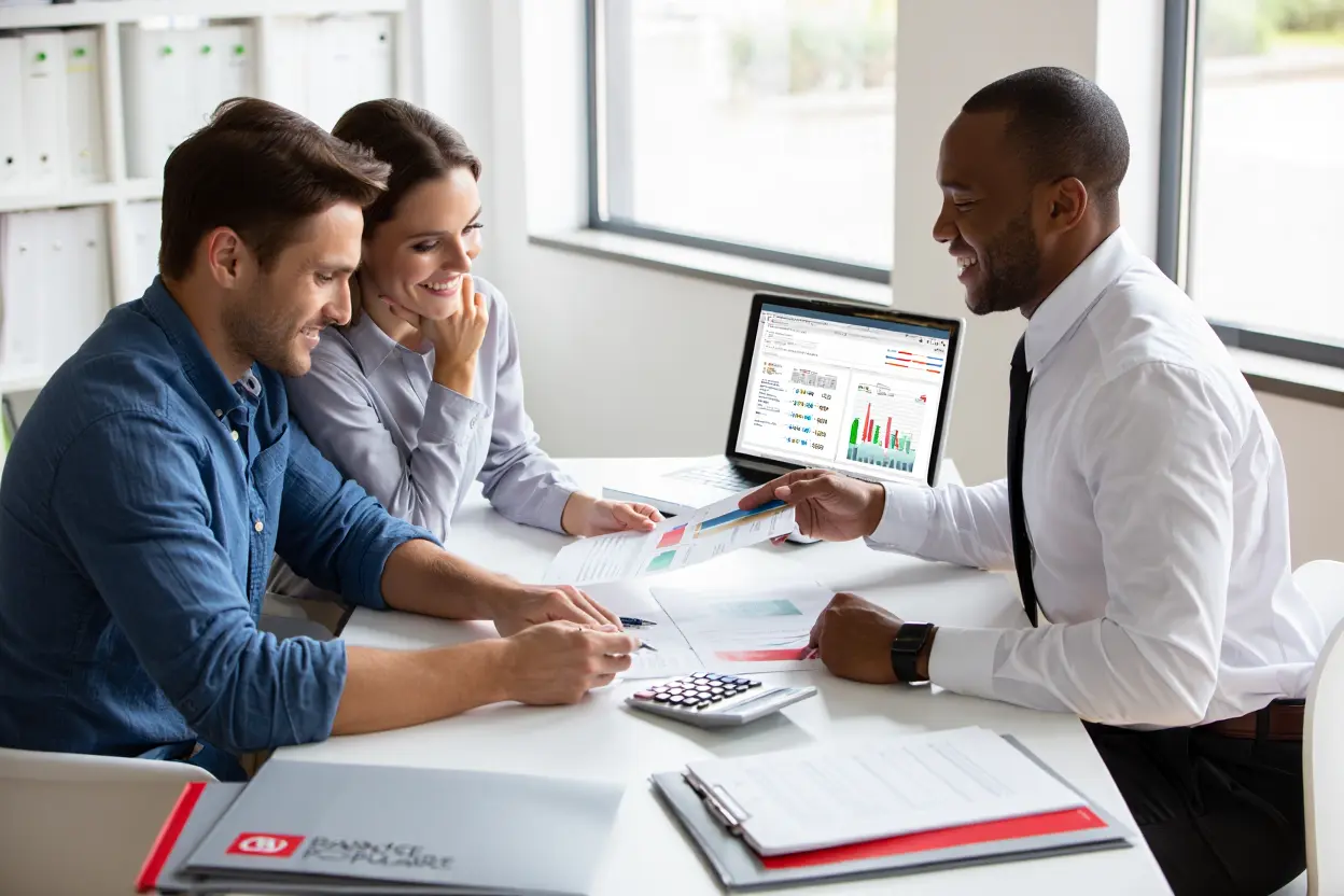 Couple meeting with banker for mortgage application