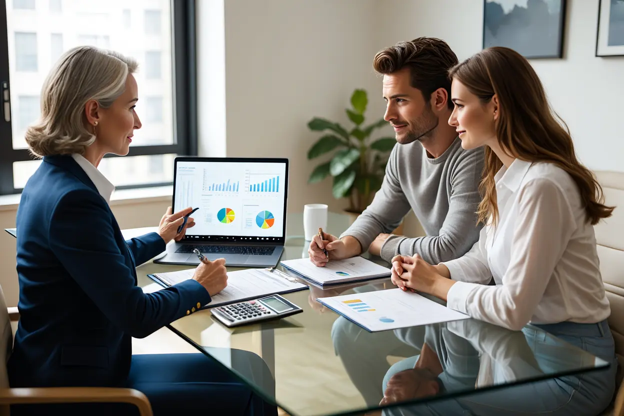 Courtier professionnel présentant son réseau bancaire