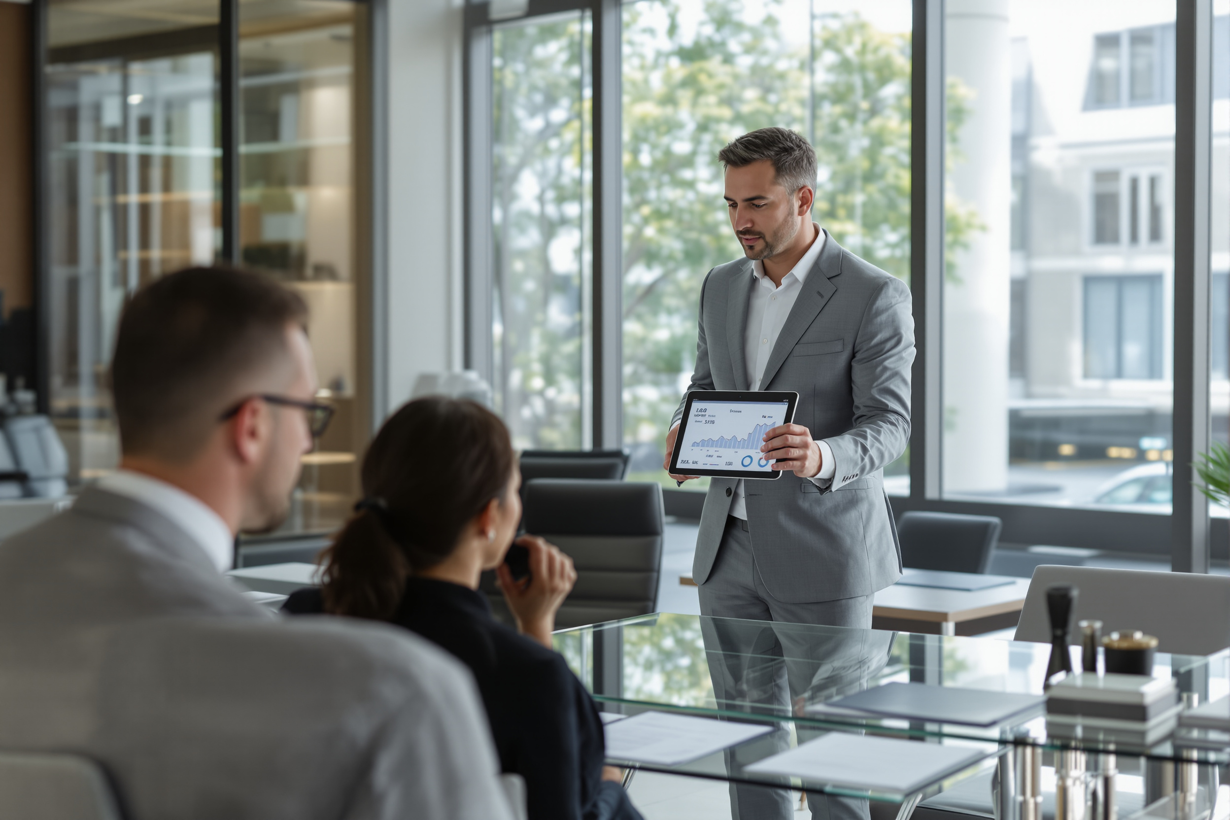 Conseiller présentant les frais de courtage à des clients