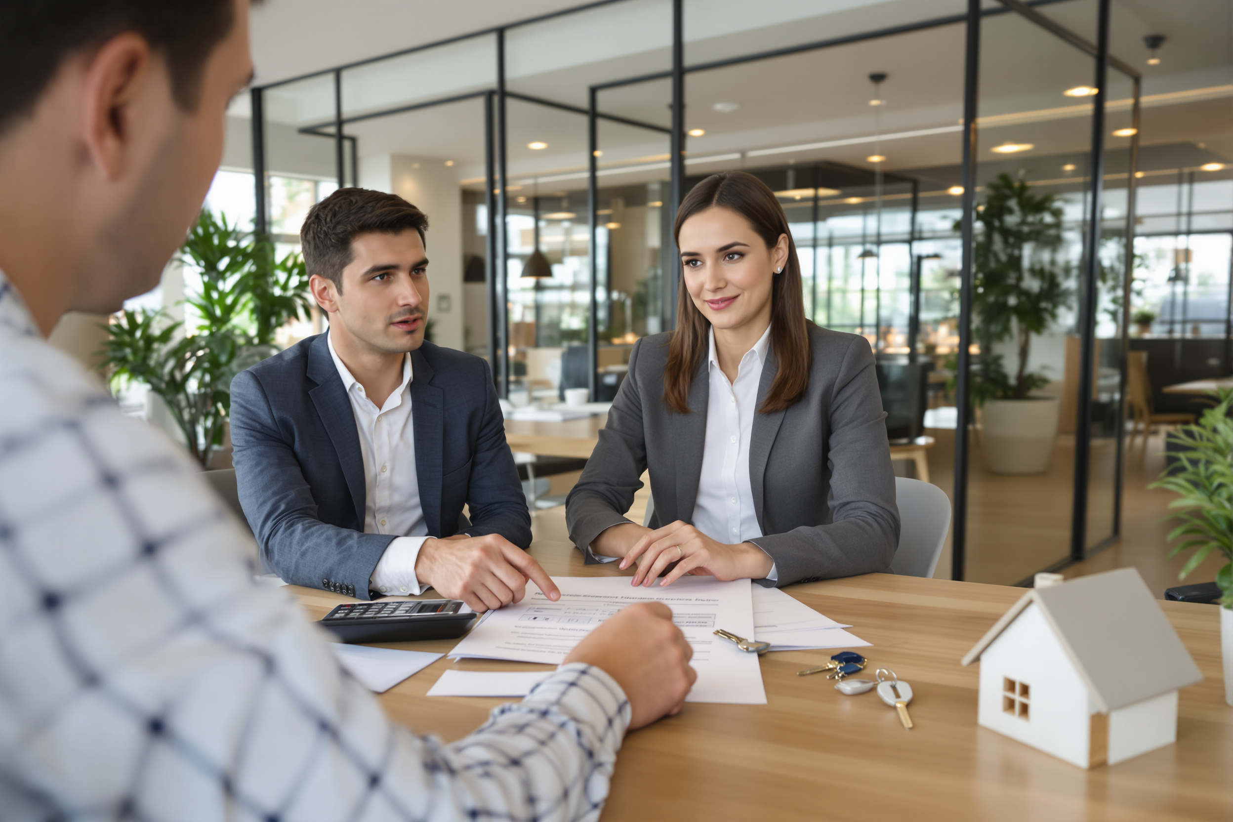 Conseiller bancaire expliquant les conditions de prêt immobilier