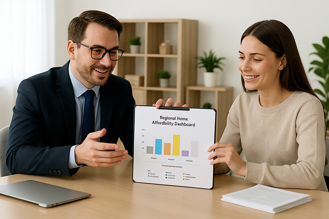 Borne élégante de notre accompagnement immobilier dédié, placée au virage de la promenade face aux maisons colorées en bord d’eau.