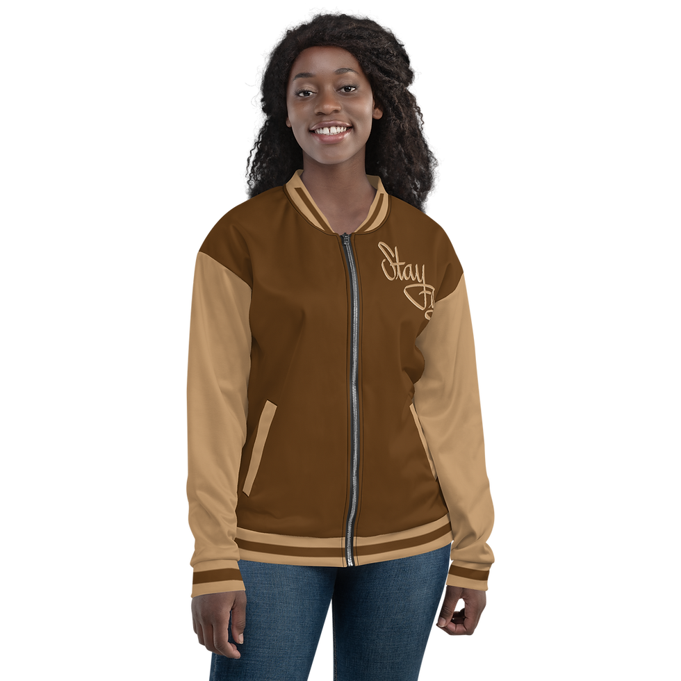 Thumbnail: Neeila Portrait Chocolate & Caramel Unisex Bomber Jacket 
