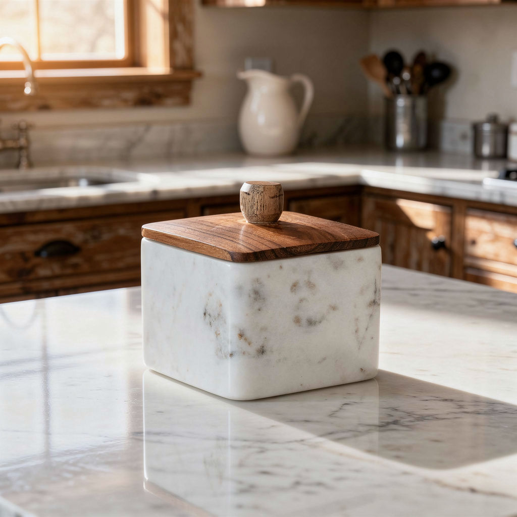 Marble Container With Wood Lid