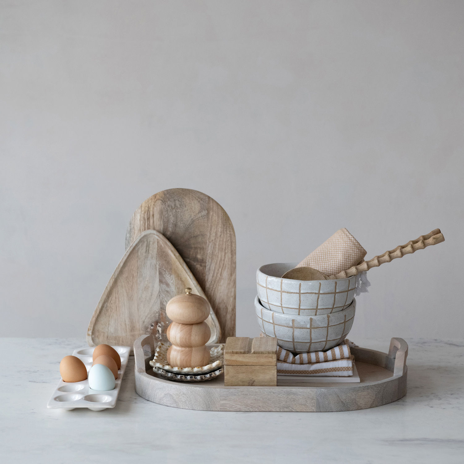 Oval Mango Wood Tray w/ Handles - Bleached