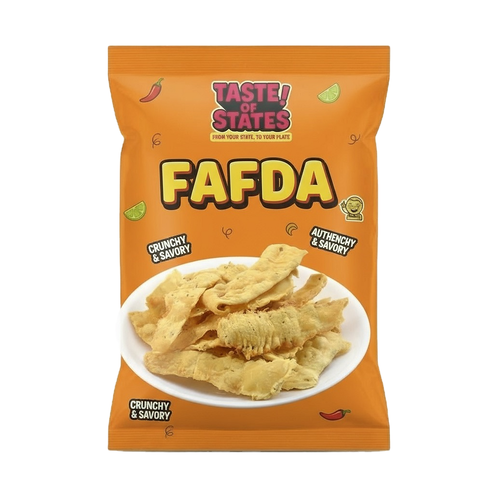 Taste of States Fafda pack showing crunchy golden Gujarati snack strips arranged on a white plate.