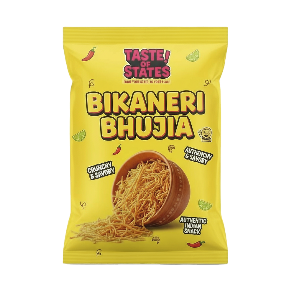 Taste of States Bikaneri Bhujia pack featuring crispy, spiced Indian gram flour noodle snack