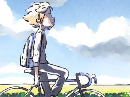 Dessin d'un jeune garçon qui fait du vélo, il a l'air paisible.