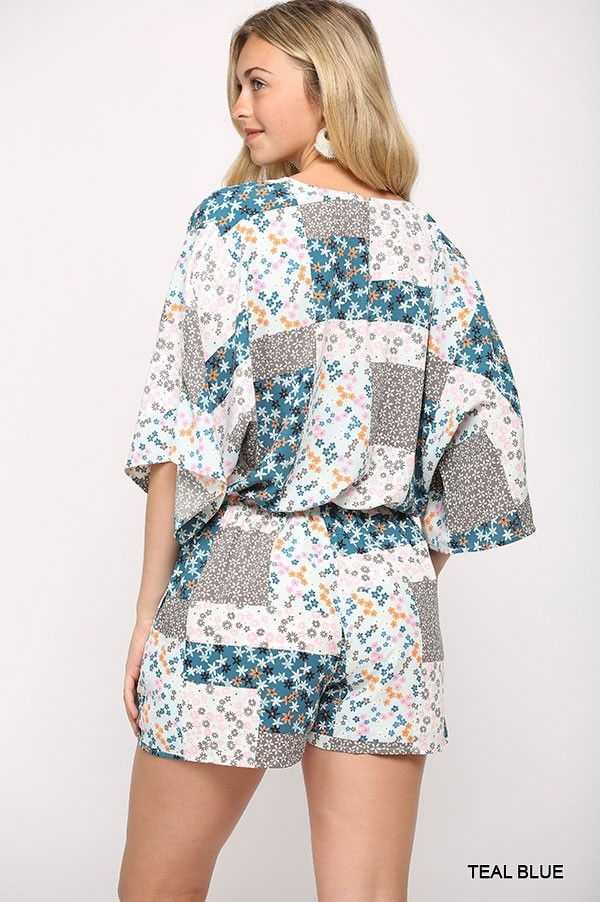 Thumbnail: Patchwork Printed Surplice Romper With Waist Tassel Tie And Bottom Lining