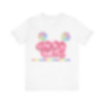 Good Vibes Tee: White tee with pink 'Good Vibes' text and rainbow candies