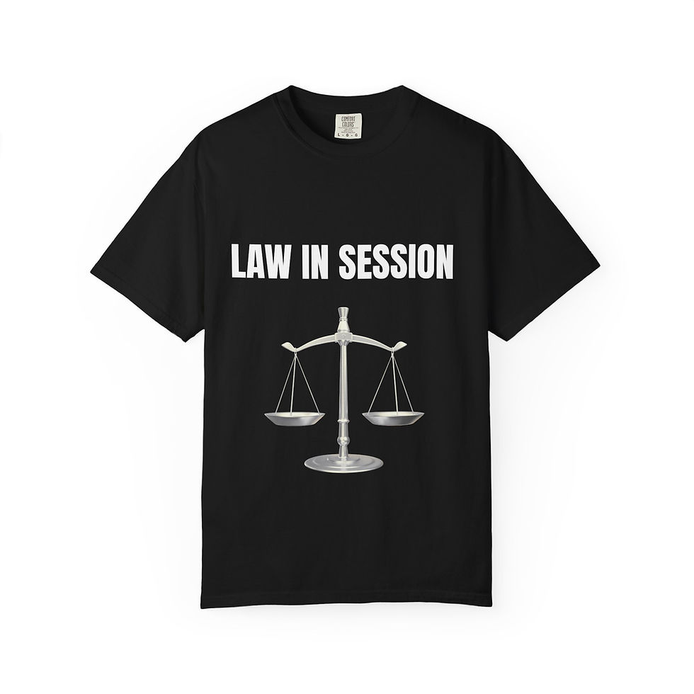 Black Law In Session tee featuring scales of justice