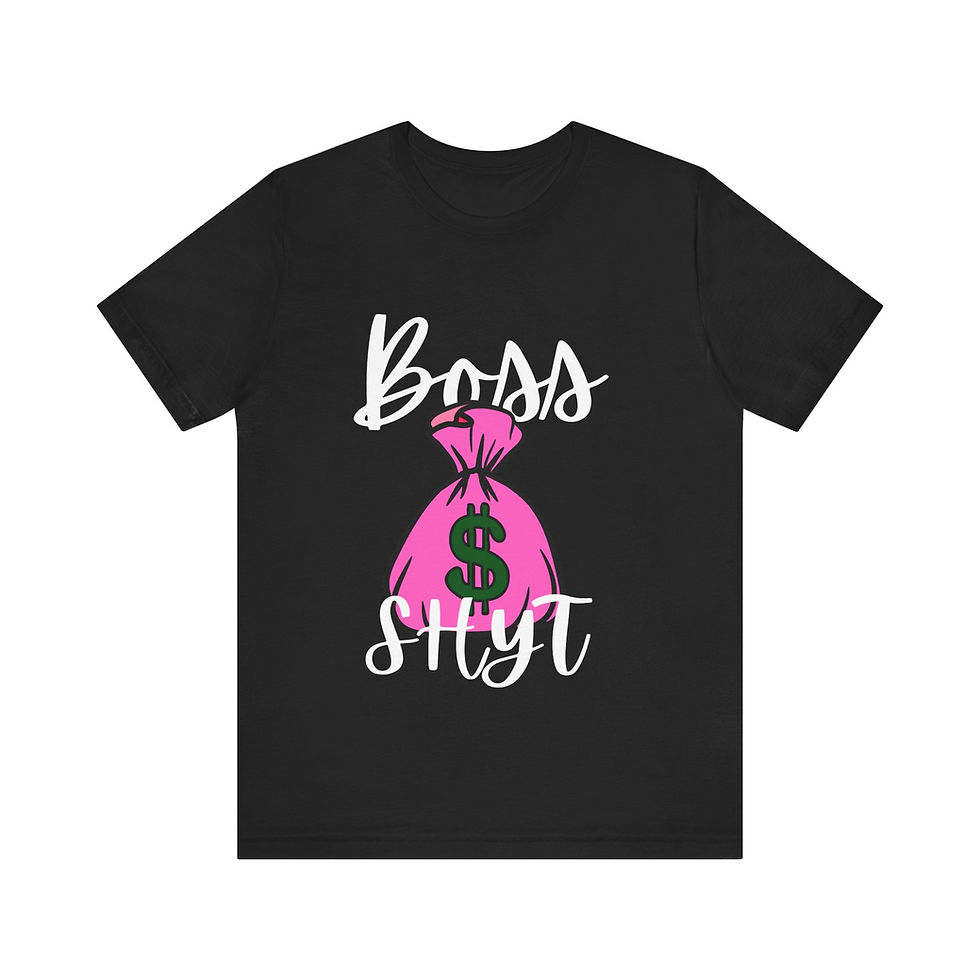 Boss Shyt Tee: Black tee with pink money bag graphic
