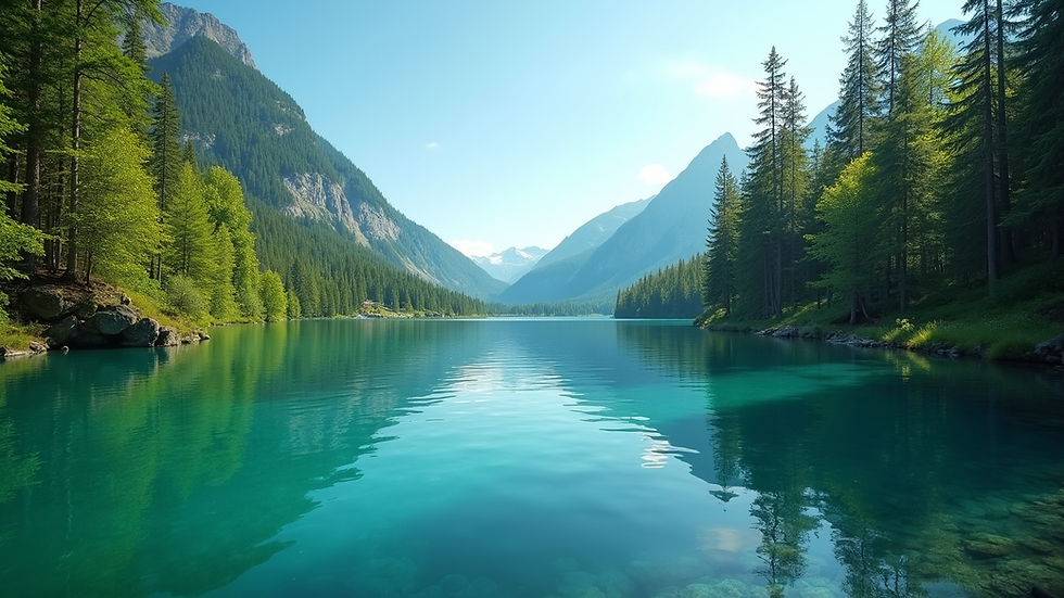Eye-level view of a clear blue lake surrounded by green trees