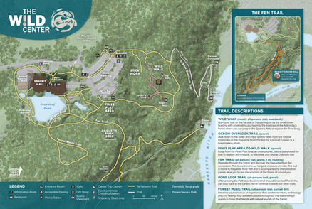 Illustrated visitor map of The Wild Center in Tupper Lake, New York. Highlights include the Exhibit Hall, Greenleaf Pond, Pines Play Area, Stick Work, Wild Walk, Raquette River Roll, Oxbow Overlook Trail, Fen Trail, Forest Music Trail, and Pond Loop Trail. A legend identifies kiosks, restrooms, parking, picnic areas, scenic viewpoints, trails, and accessible routes. An inset map shows the Fen Trail. Trail descriptions appear on the right side.