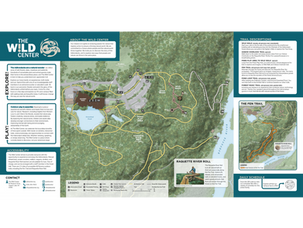 Illustrated map of The Wild Center in Tupper Lake, New York, showing trails, facilities, and nature features. Labels highlight the Wild Walk, Stick Work, Pines Play Area, Raquette River Roll, Fen Trail, Oxbow Overlook Trail, and Forest Music Trail. Insets provide trail descriptions, accessibility information, and contact details.