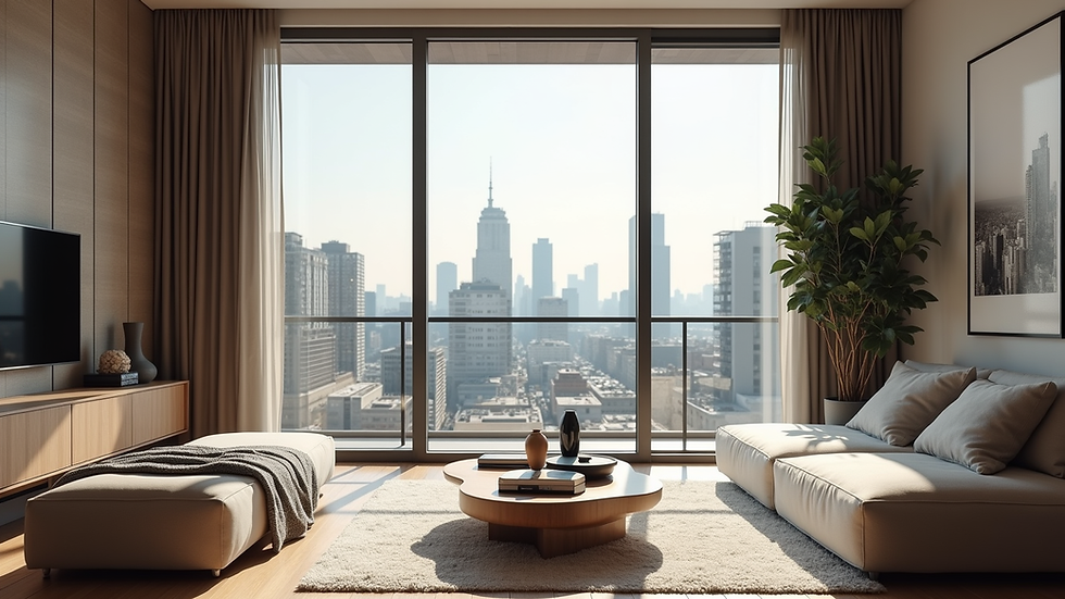 eye-level view of a modern living room with framed cityscape photography