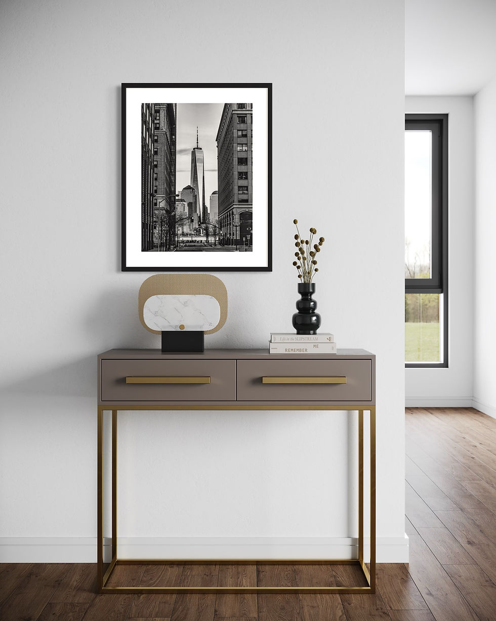 Miniaturbild: Manhattan Skyline mit One World Trade Center, Schwarz‑Weiß mit deutlicher Tiefenwirkung