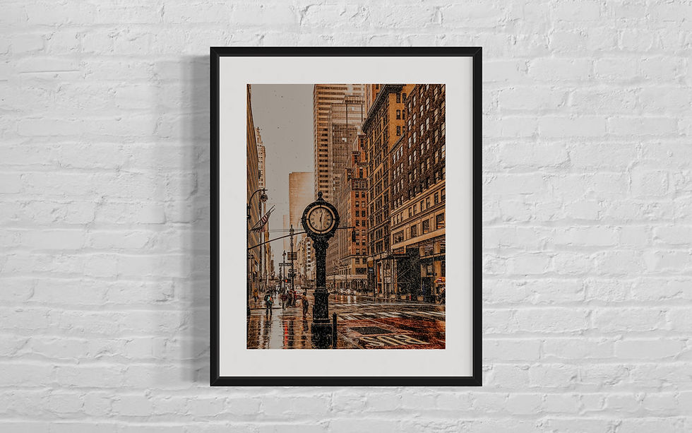 Regennasse New Yorker Strassenuhr, Stadtbild