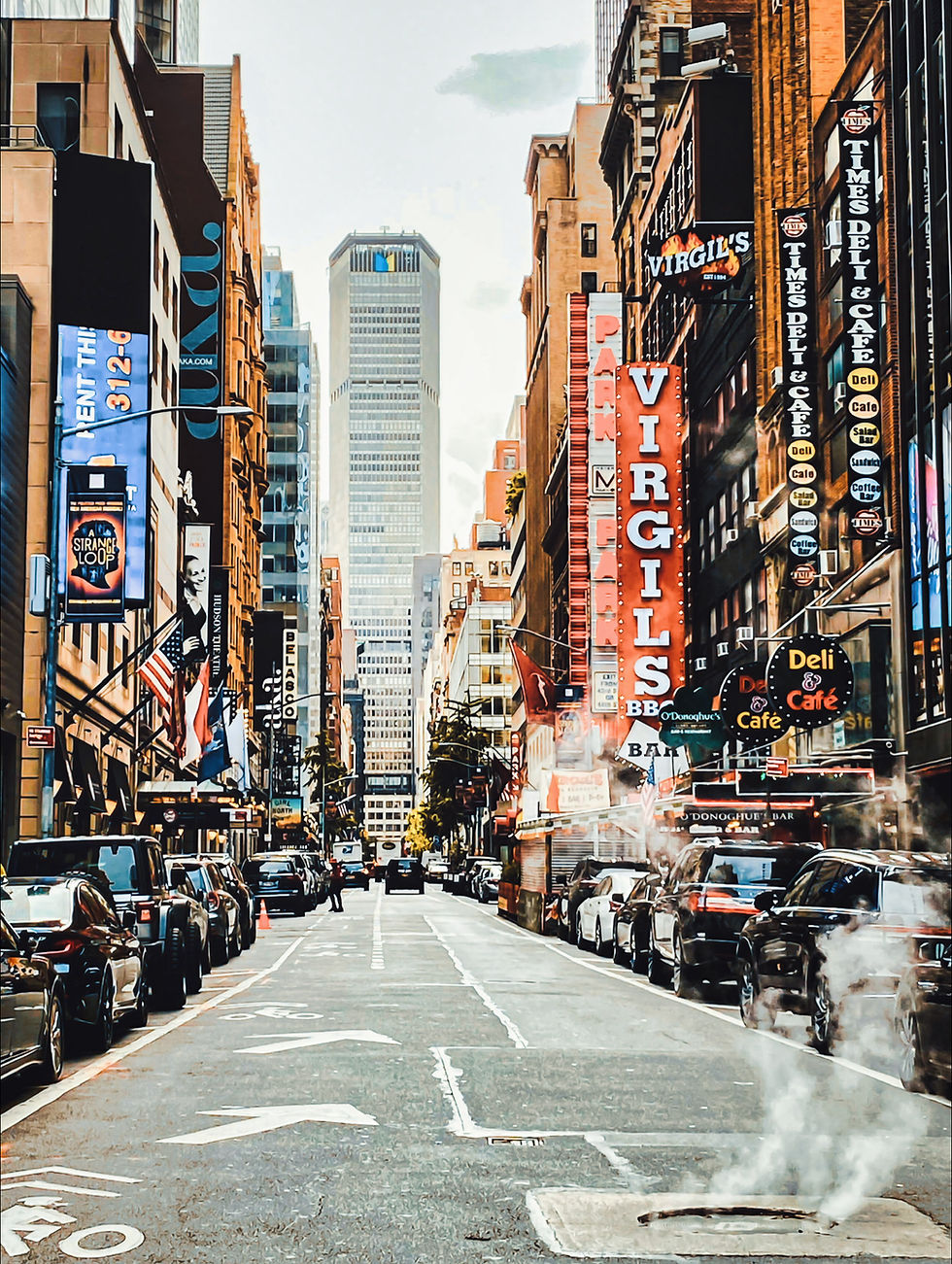 Lebhafte New Yorker Straße mit "Virgil's" Schild
