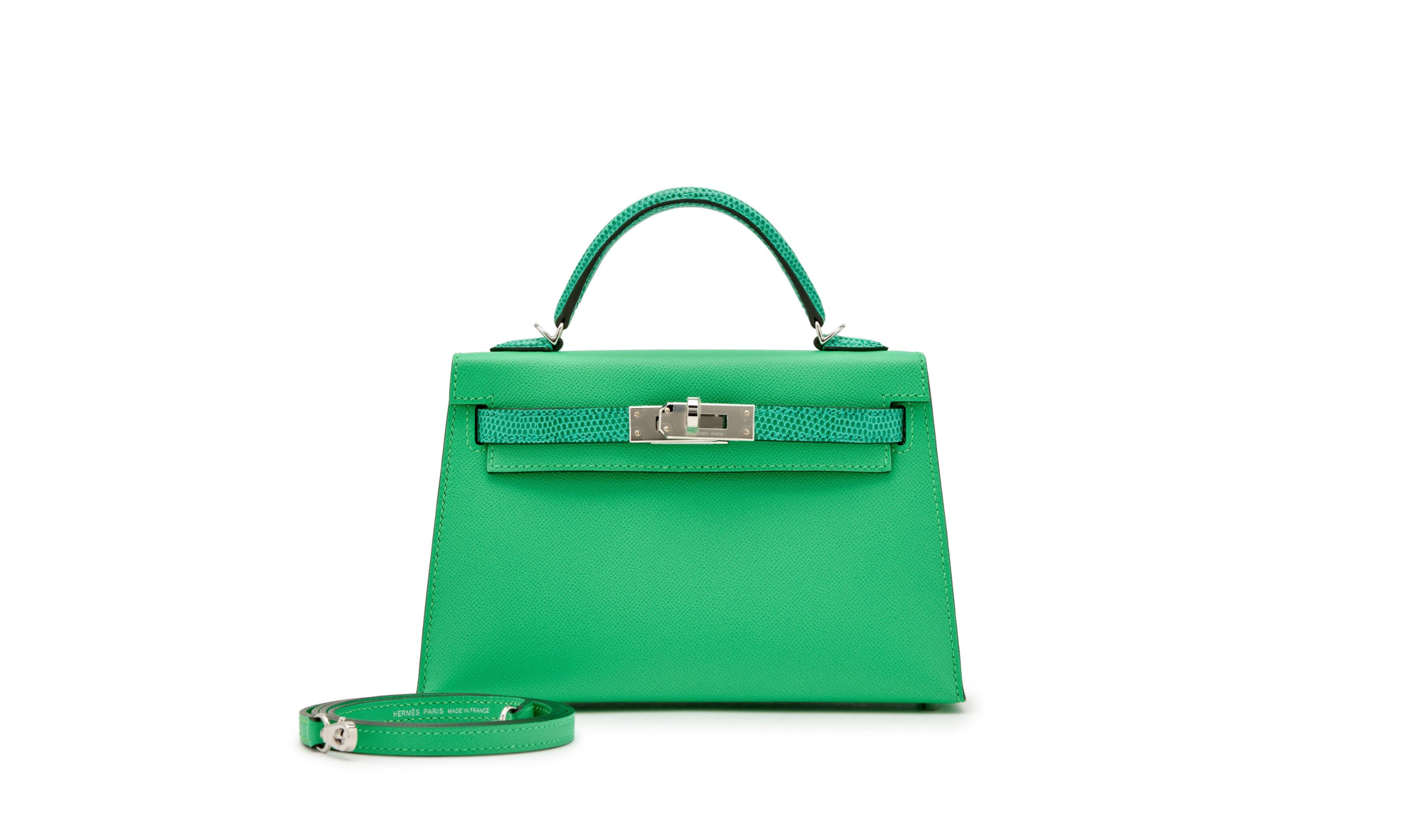 Hermès Vert Comics Madame and Vert Menthe Niloticus Lizard Touch Mini Kelly 20