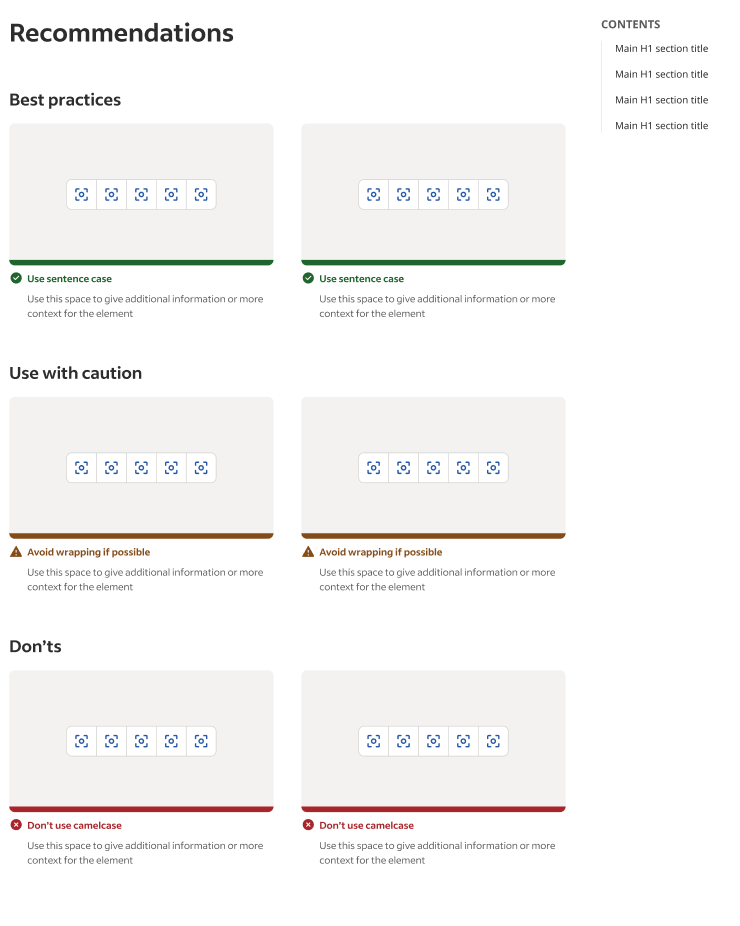 a screenshot of a website showing a design for do's, use with cautions, and don'ts sections highlighted