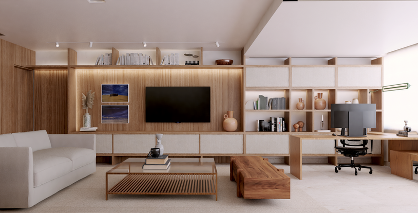 Projeto de interiores no Leblon moderno com marcenaria sob medida, sala integrada ao home office e móveis em madeira natural