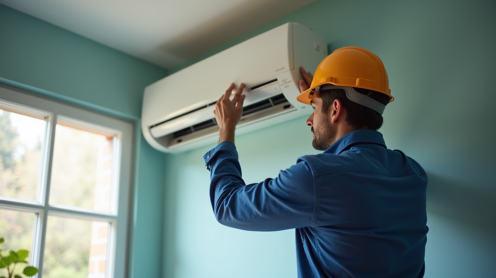Eye-level view of a technician installing an air conditioner unit on a wall