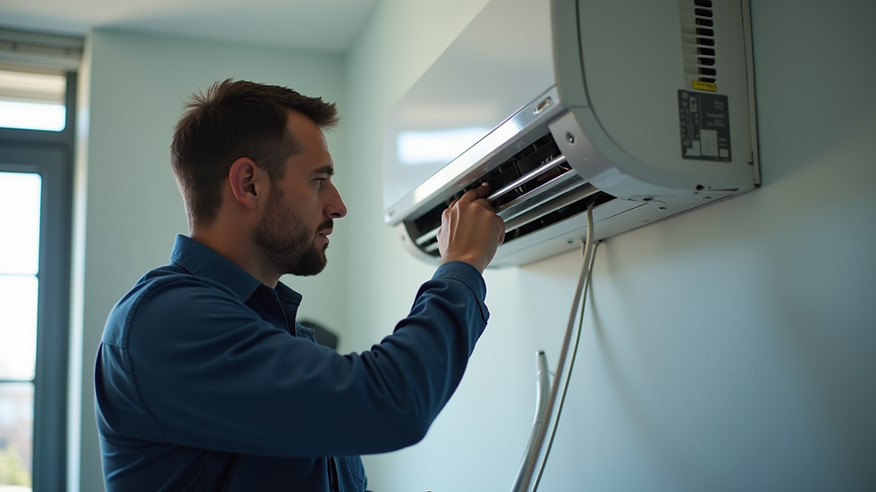 Eye-level view of a technician repairing a wall-mounted air conditioner