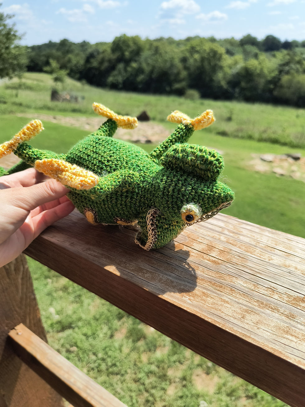 Thumbnail: Chameleon - crochet, soft, stuffed, Muli-colored green, with yellow accents