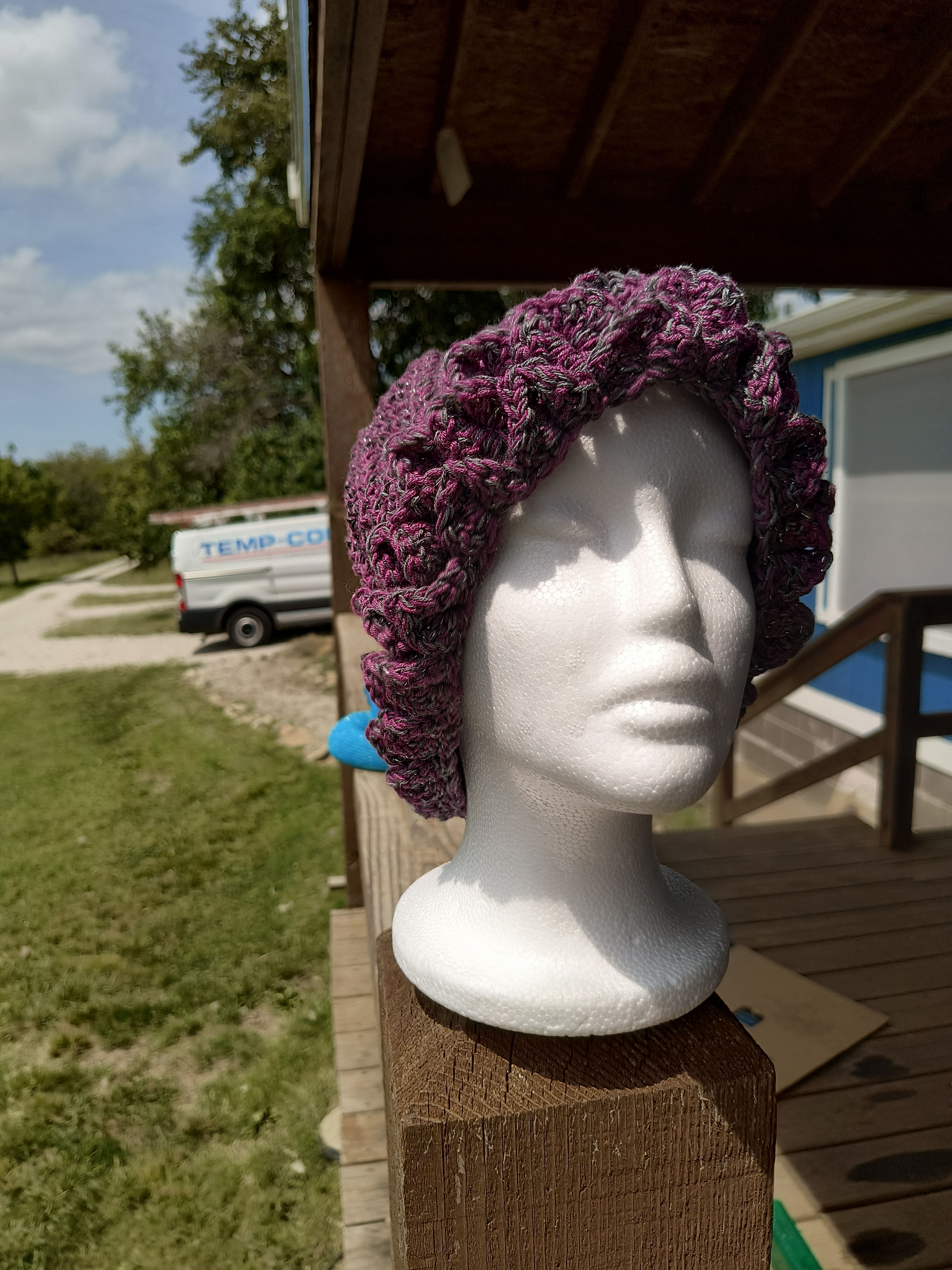 Hat - beanie, crochet, soft, Plum colored with Muli-colored gray sparkle