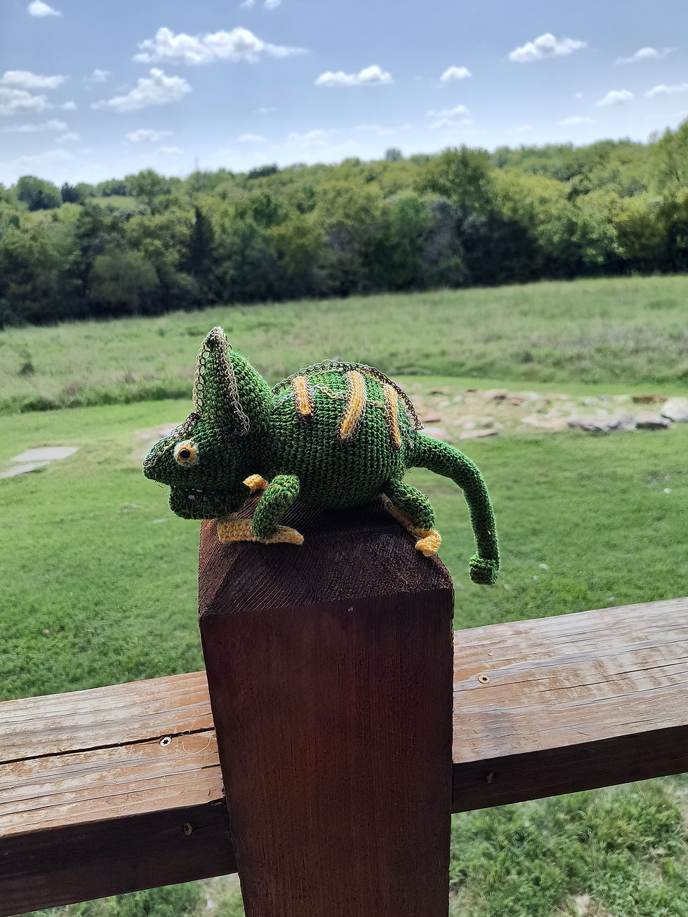 Thumbnail: Chameleon - crochet, soft, stuffed, Muli-colored green, with yellow accents