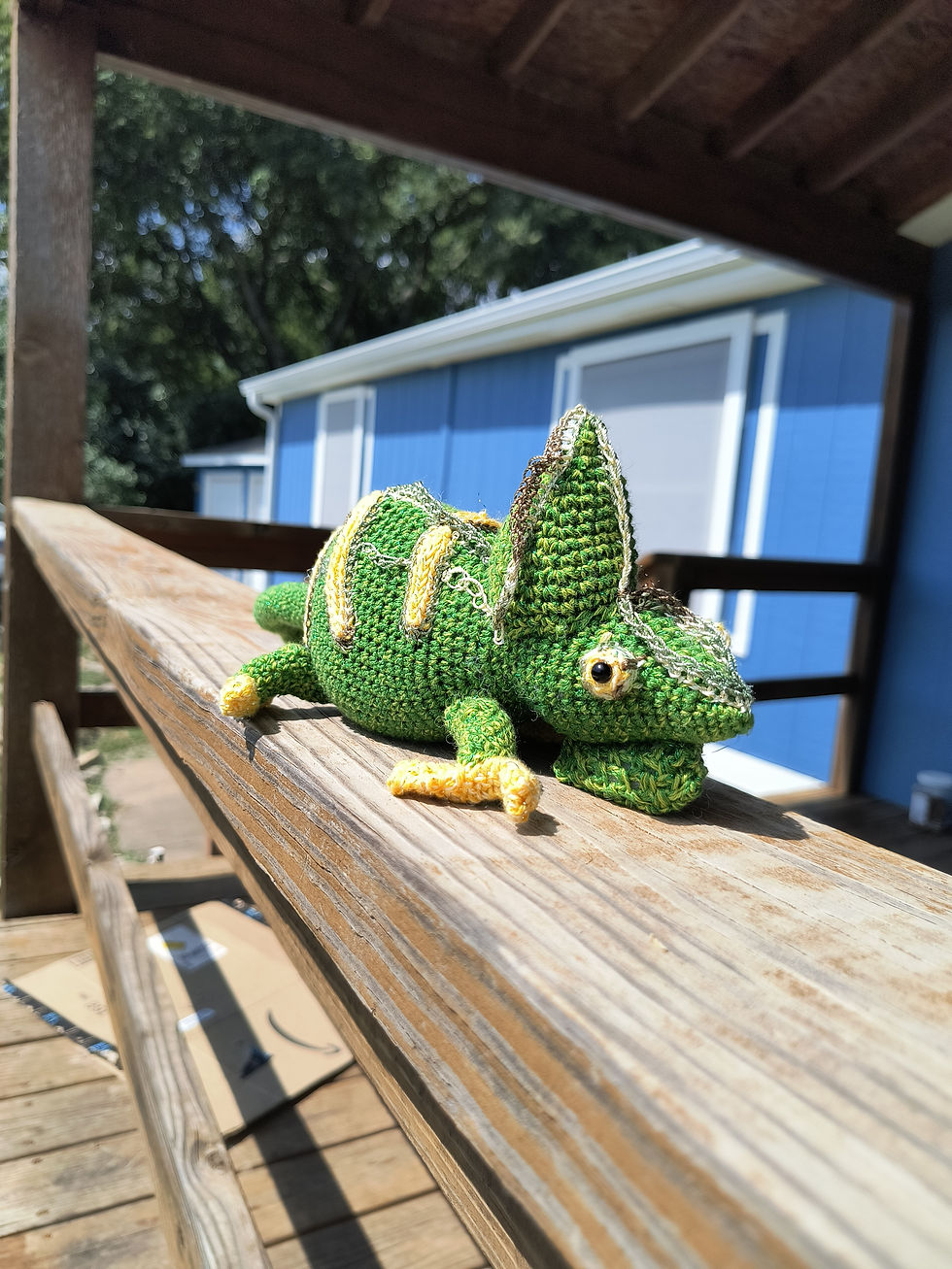 Thumbnail: Chameleon - crochet, soft, stuffed, Muli-colored green, with yellow accents