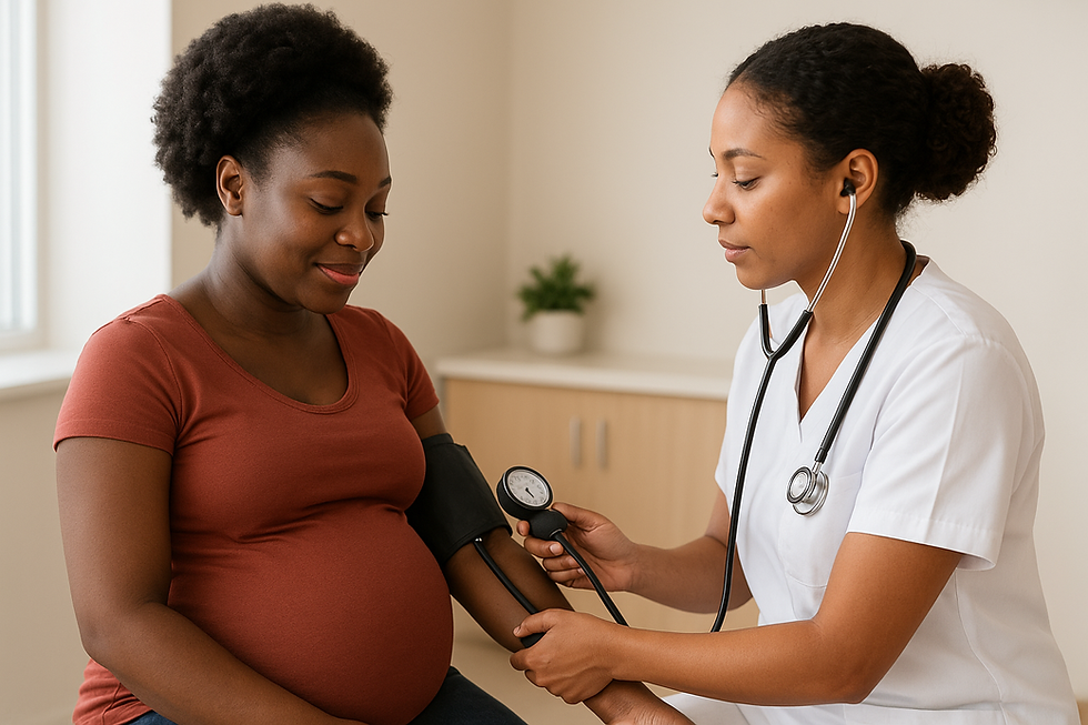 gestante aferindo pressão arterial em consulta de pré-natal