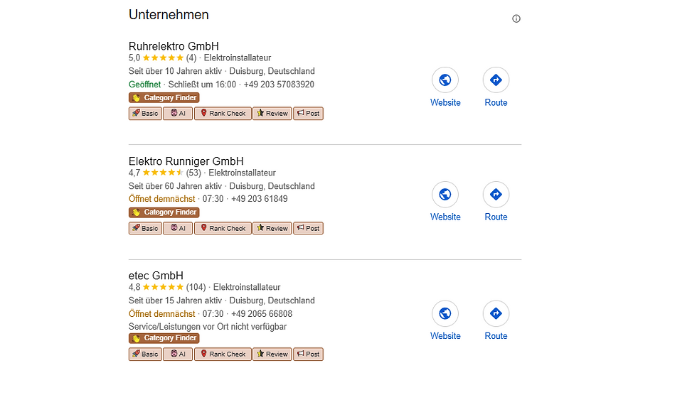 Drei Elektrounternehmen in Duisburg mit Bewertungen, Kontaktdaten und Öffnungszeiten. Optionen für Website- und Routenaufruf sichtbar. Suchmaschinenenoptimiert in Graz von Kalena Designs