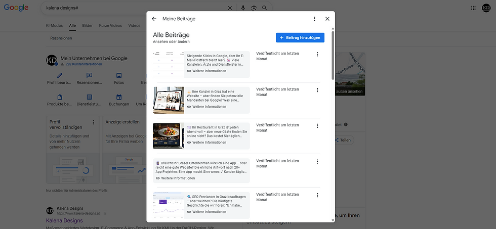 Google-Dialog Meine Beiträge mit Beitragsliste con Kalena Deisgns die Seo Agentur für Graz und Graz Umgebung