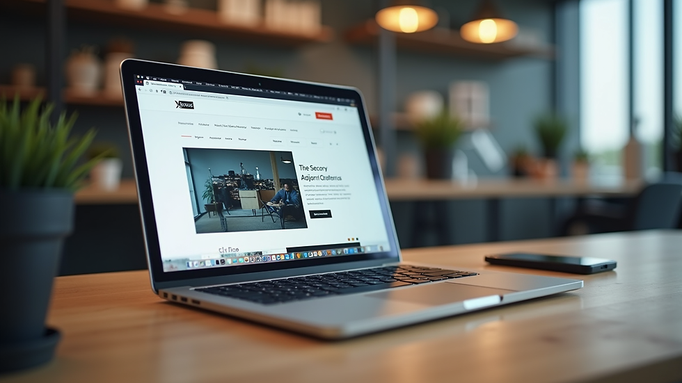 Eye-level view of a modern office desk with a laptop showing a website design