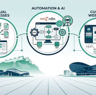 Infografik zur digitalen Transformation für KMU in der Steiermark: Vergleich von manuellen Prozessen und automatisierter n8n Workflow-Automatisierung mit KI-Integration. Gezeigt wird die Optimierung von Vertriebs- und Lead-Generierungsprozessen in einem Grazer B2B-Unternehmen, beginnend bei manuellen Schritten (Excel, E-Mail-Kopieren) bis hin zu einem vollautomatisierten Ablauf mittels n8n, CRM-Anbindung, ERP und KI-Agenten für intelligente Datenverarbeitung und Dashboards. Die Hintergrundgrafik integriert die Skyline von Graz mit Uhrturm und Kunsthaus, um den lokalen Bezug zu unterstreichen. Keywords: n8n Automatisierung, Prozessoptimierung, KI-Agenten, Next.js Custom App, Payload CMS, Neon PostgreSQL, digitale Transformation Graz, Steiermark KMU.