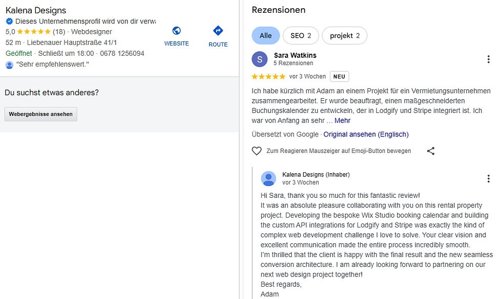 Google-Bewertungen für Kalena Designs die Für Website Redesigns in Graz: Sara Watkins lobt ein Buchungskalender-Projekt, rechts die Antwort des Inhabers.