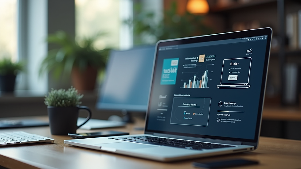Augenblickaufnahme eines modernen Arbeitsplatzes mit Laptop und Marketing-Tools auf dem Bildschirm